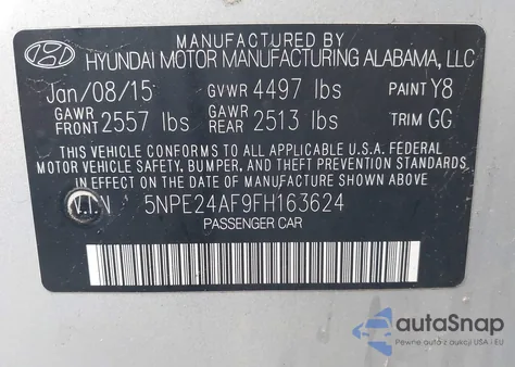 2015 Hyundai Sonata Se из США, поврежденный, VIN 5NPE24AF9FH163624